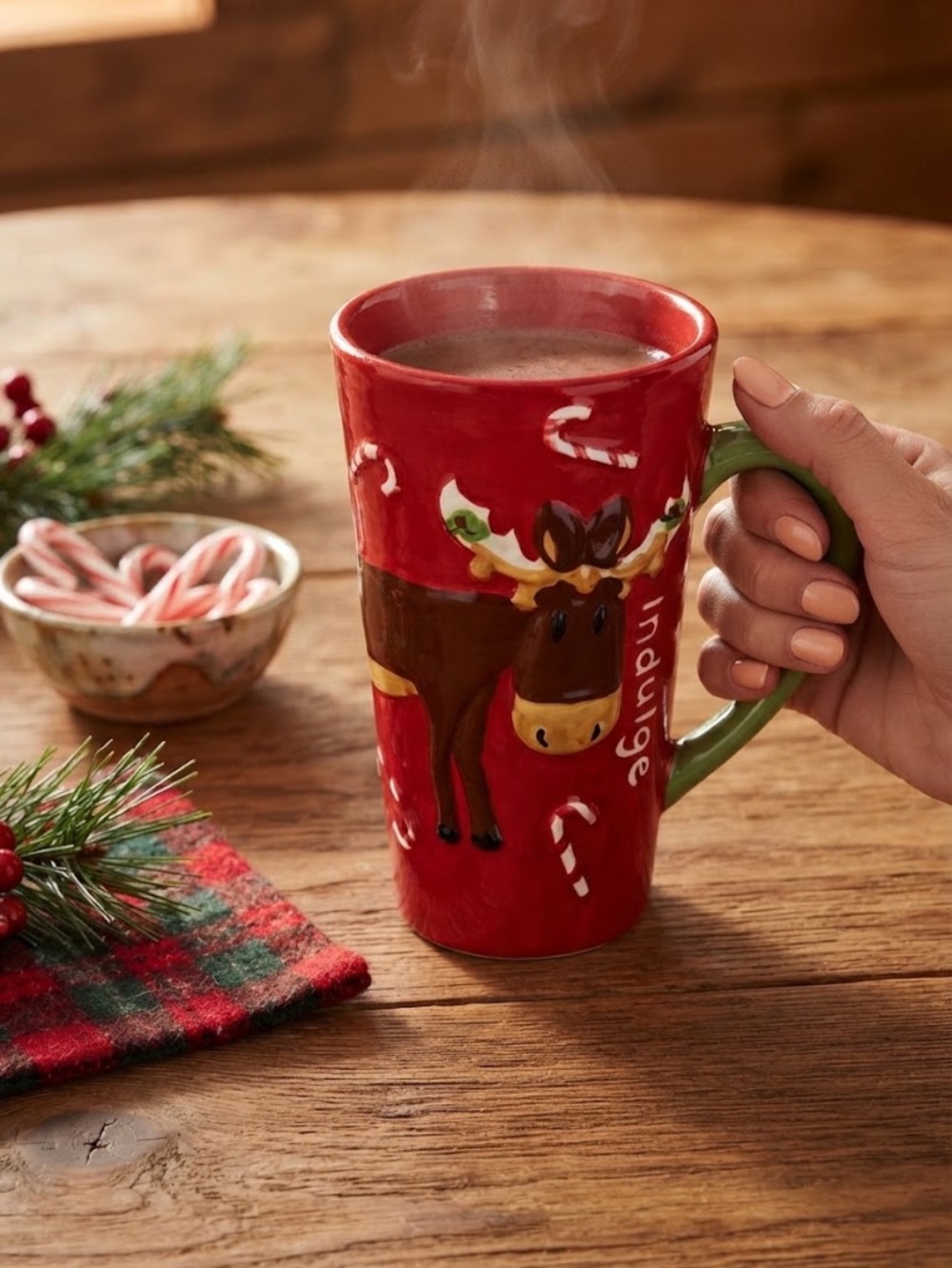 Vintage 3D Christmas Holiday Reindeer Red Ceramic Mug with Green Handle